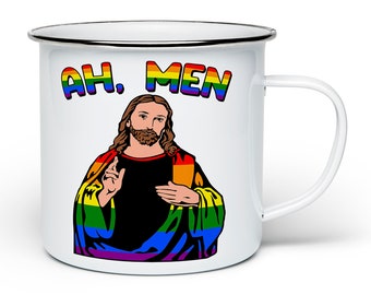 Ah, Men Funny Gay Jesus LGBTQ Novelty Enamel Mug