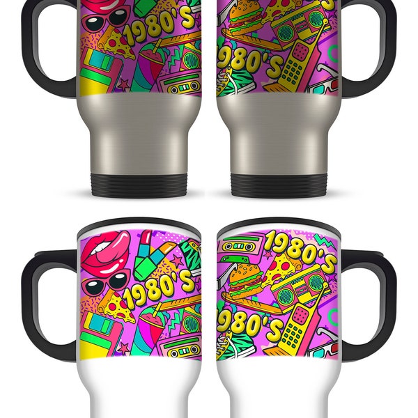 14oz 1980's Retro Nostalgic Decade Cool Aluminium Travel Mug (Variation)