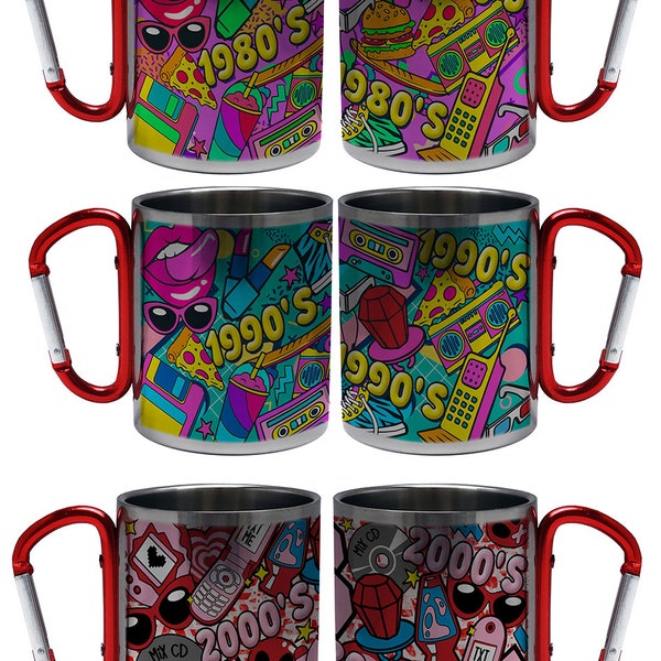 Retro Nostalgic Decade (1980's - 2000's) Cool Novelty Stainless Steel Mug w/ Carabiner Clip Handle