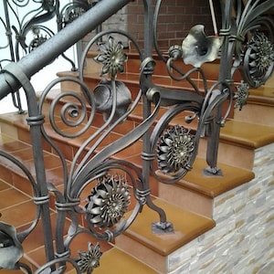 Hand Forged Iron Stair Railing | Outdoor Custom Staircase Banister | Luxury Wrought Iron Handrail | Interior Stair Rail Made to Order