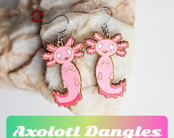Axolotl Dangle Earrings | Hand-Painted Wood Earrings | Pink Axolotl Design | Novelty Jewelry | Birthday & Easter Gift