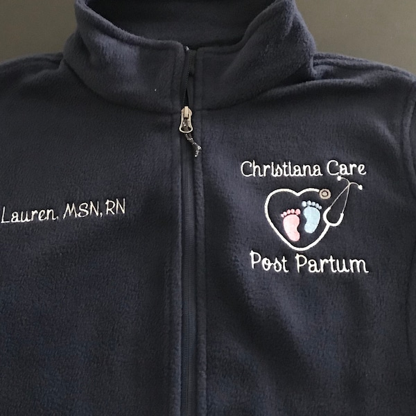 Personalized Full Zip Fleece Jacket. Postpartum Jacket, Labor and Delivery Nurse Jacket, Heart Stethoscope Jacket, Infant Footprints Jacket