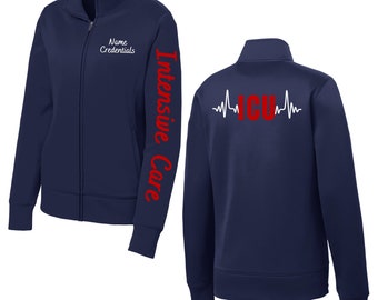 Intensive Care Unit Jacket. ICU Jacket. RN Jacket. Heart Rhythm. Polyester Fleece. Nursing Jacket. Sport Jacket. Navy blue jacket