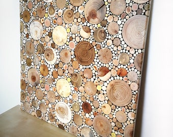 Large wooden mosaic wall art/ Reclaimed wood art/ Wood wall panel/ Wood slices mosaic/ Large square wall mosaic