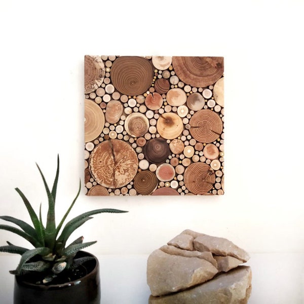 Square wood mosaic/ Rustic wall decor/ Recycled wood wall art/ Unique farmhouse decor/ Wood slices art/ Country fireplace decor