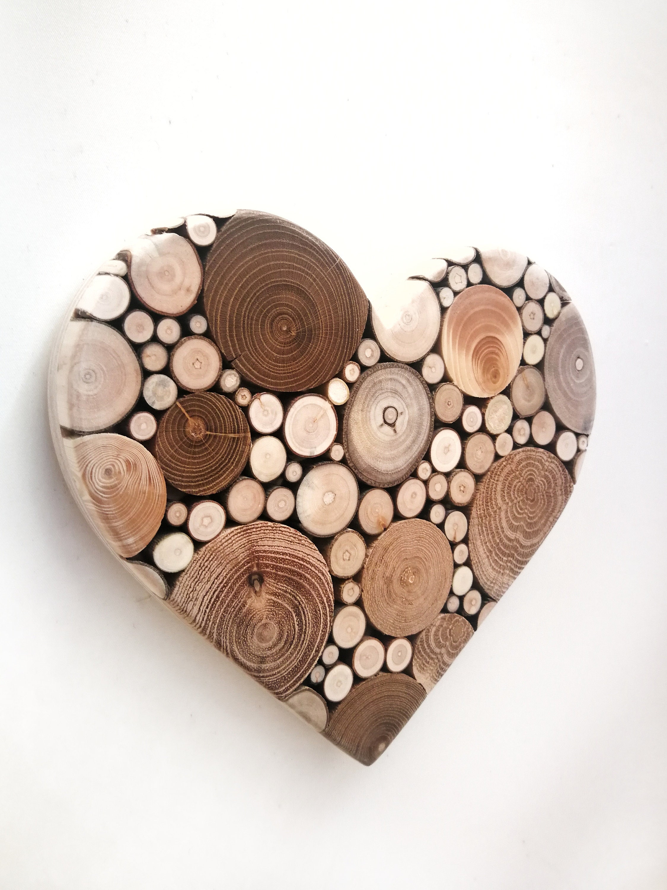Wooden heart wall art/ Rustic brown heart/ Wood slices heart Etsy