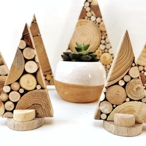 Family of colorful wooden Christmas trees/ Rustic Christmas Holiday decor/ Small unique wood gifts/ Wood tree ornaments/ Mantel shelf decor