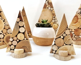 Family of colorful wooden Christmas trees/ Rustic Christmas Holiday decor/ Small unique wood gifts/ Wood tree ornaments/ Mantel shelf decor