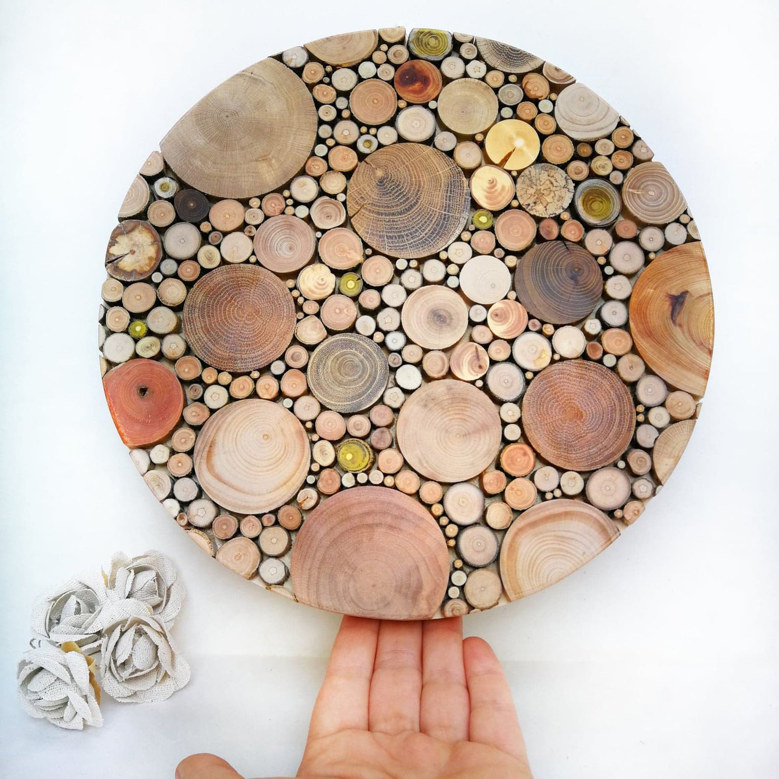 Art Mural en Bois Rond/Accrochage Circulaire Mosaïque Récupéré Art 3D Décoration Intérieure Boho Mur