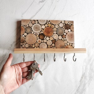 Wood key holder for wall with shelf/ Wooden enryway key organizer/ Wood mosaic shelf with hooks/ Wall storage key rack/ Jewelry holder