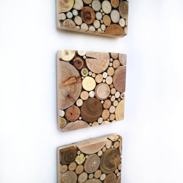 Set of 3 wood wall art/ Wood mosaic wall hanging/ Driftwood wall art/ Rustic log cabin decor/  Colorful up cycling art/ Housewarming gift