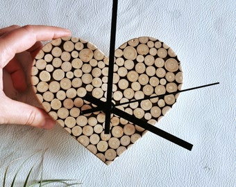 Wood heart clock/ Modern wall clock/ Silent wooden clock/ Wood mosaic wall art/ Unique love gift