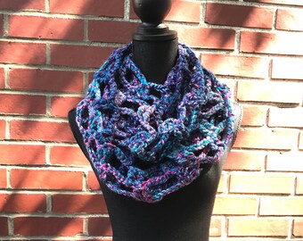 Mountain Bluebird (Multicolor) Hand Crocheted Lattice Pattern Infinity Scarf