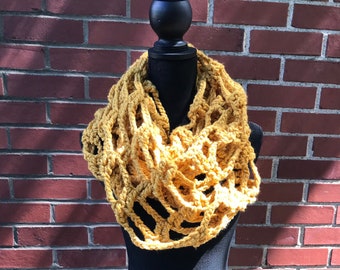 Honey (Yellow) Hand Crocheted Lattice Pattern Infinity Scarf