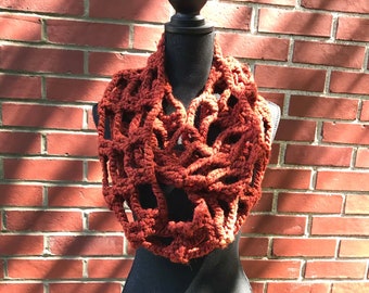 Spice (Burnt Orange) Hand Crocheted Lattice Pattern Infinity Scarf