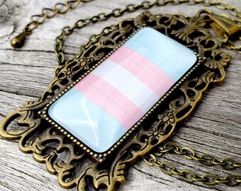 Pride Necklace - Transgender Flag - Handmade Paper Pattern in Bronze Setting