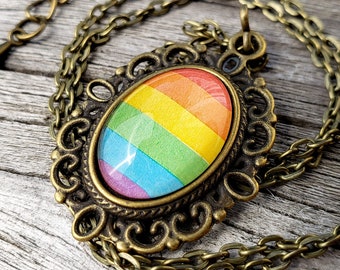 Pride Necklace - Rainbow Pride Flag - Handmade Paper Pattern in Bronze Setting