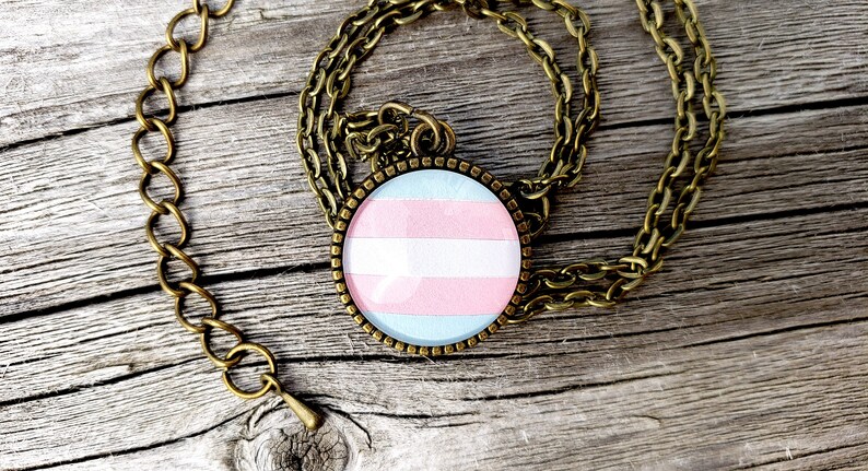 Transgender Pride Flag Handmade Paper Pattern in Bronze Setting Pride Necklace