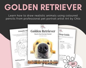 May include: A drawing tutorial for a Golden Retriever, with a close-up of the dog's face on the cover. The tutorial includes a full pencil list and step-by-step guides. The text reads "Coloured Pencil Step by Step Drawing Tutorial" and "Golden Retriever".