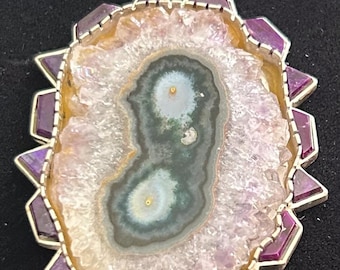 Large Solar Quartz Geode Pendant with Sugilite Sterling Silver Necklace, Rare Double Eye Formation, Artisan Statement, 24 Inch Italy Chain
