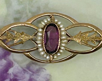 Edwardian 10K Gold Seed Pearl Brooch – Antique Violet Paste Amethyst Pin – Belle Époque Openwork Jewelry