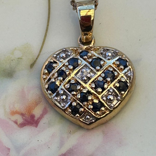 Sapphire Diamond pendant charm necklace 18K gold over  925 sterling silver, 18 in.chain included, spring clasp, 1990's