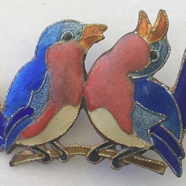 Zarah Vintage bluebirds lovebirds brooch pin enamel over sterling silver