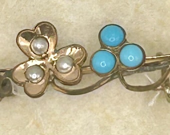 Antique Turquoise and Seed Pearl Floral Bar Brooch – Gold-Filled – Victorian Era, c.1890–1905