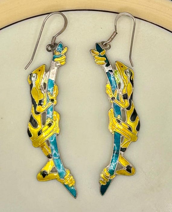 Vintage Zarah Sterling Enamel Tree Frog Earrings | 1990s Frog Art Jewelry | Long Figural Enamel Earrings