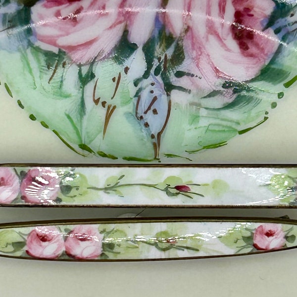 Curated Pair of Antique Hand Painted Enamel Rose Bar Brooches – Brass Floral Pins, Edwardian Era c. 1905–1925