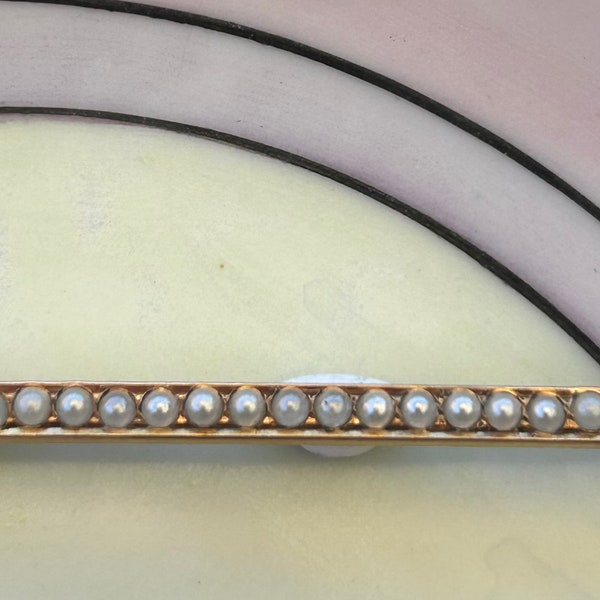 Antique Vintage Bar Seed Pearl Gold Plated Pin Brooch, safety pin clasp, 24 pearls, 2.25 inches long