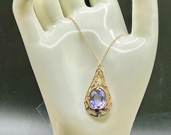 Vintage 12K Gold Filled Lavalier Necklace Violet Glass Pendant Art Deco to Edwardian Style