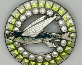 Vintage Flying Fish Art Deco Pin Brooch Guilloche Enamel Sterling Silver Highly Unusual