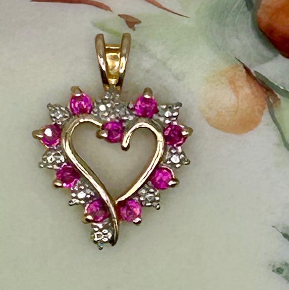 Vintage Pink Ruby Heart Pendant, Gold Vermeil over Sterling Silver, Marked 925 China, Beaded Flower Setting, 1980s Romantic Jewelry Gift