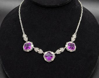 1920s Antique Sterling Silver Purple Glass Choker Necklace • Floral Filigree