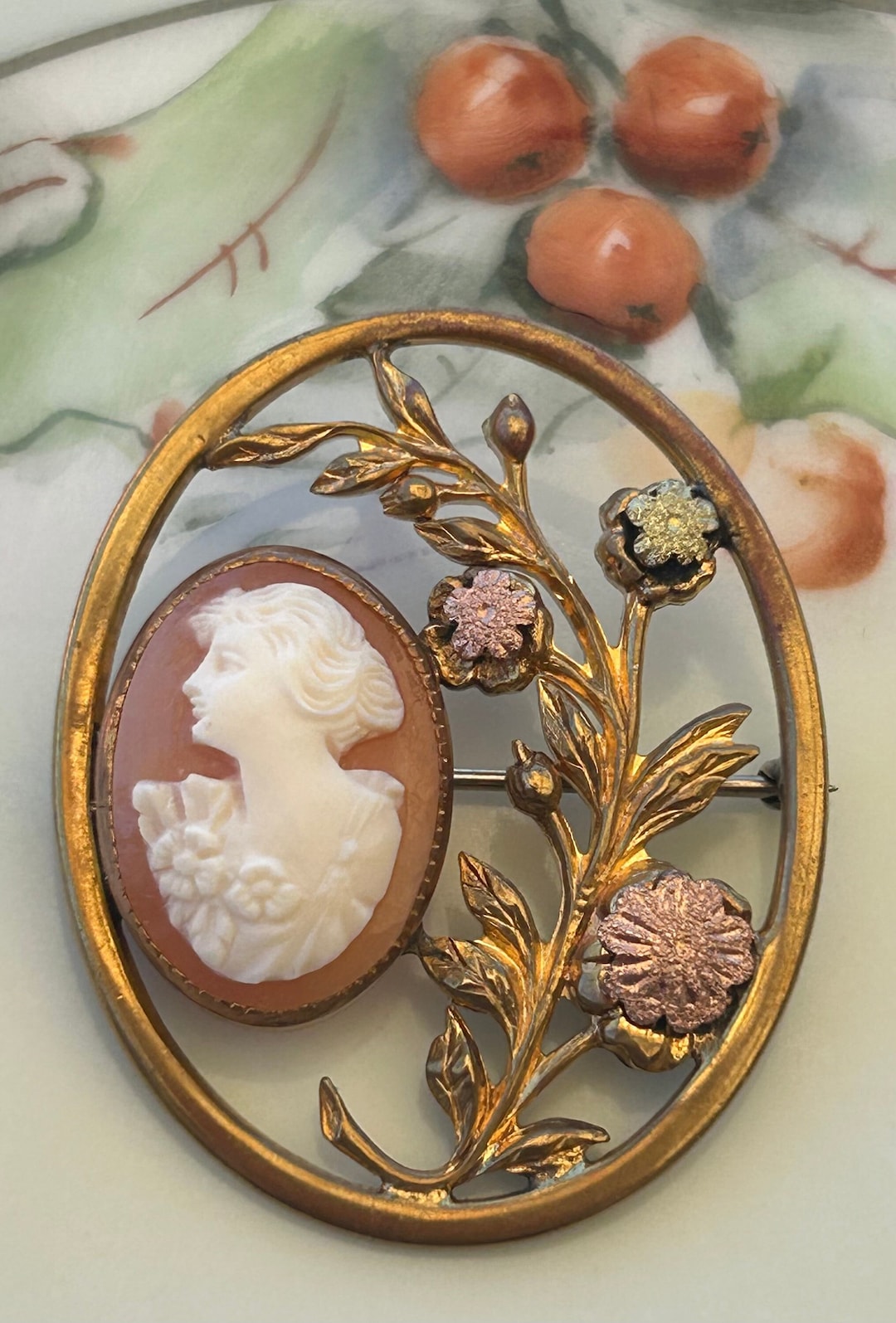 Antique Art Nouveau Shell Cameo Brooch – Hand Carved Portrait in Floral ...