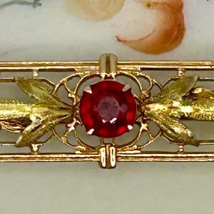May include: A gold-toned brooch with a red gemstone in the center. The brooch features a delicate filigree design with two stylized leaves on either side of the stone.