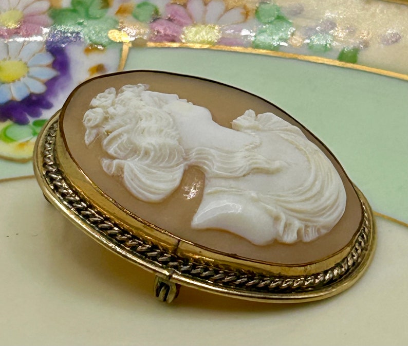 May include: A cameo brooch featuring a woman's profile carved in white shell, set in a gold-toned oval frame with a rope-like border. The brooch has a pin and catch closure.