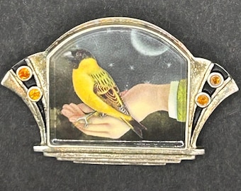 Wilson Estrin Sterling Bird Brooch/Pendant Earrings Set – “A Bird in the Hand” – Glass Art Jewelry – Citrine and Pearl – 1990s Museum Piece