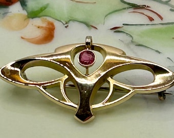 Art Nouveau Gold Filled Brooch with Red Glass Stone, c.1900 Antique Openwork Pin