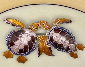 Zarah Sterling Enamel Sea Turtle Lovers Brooch Pendant, 1990s Art Jewelry, Double Turtle Pin