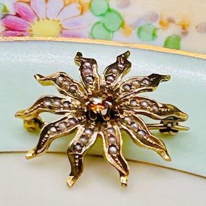 May include: A gold-toned brooch in the shape of a sunburst, adorned with small, round pearls. The brooch has a pin closure on the back. The background is a light blue surface with floral designs.