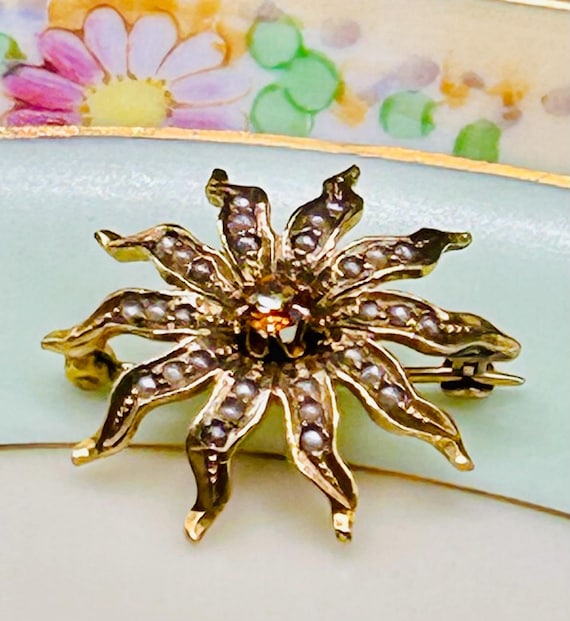 Antique 10K Gold Seed Pearl & Tourmaline Sunburst Brooch | Edwardian Era | 25mm