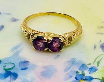 Vintage 14K Gold Twin Amethyst Ring • February Birthstone • Romantic Artisan Setting • Size 7