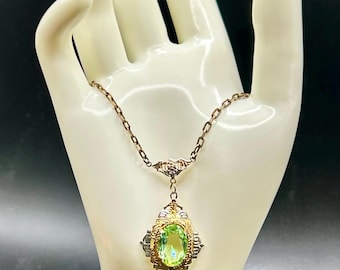 Vintage Art Deco Green Glass Lavalier Necklace, Rolled Gold Tone, Two Tone Pendant, Floral Clasp, 18 Inch Chain