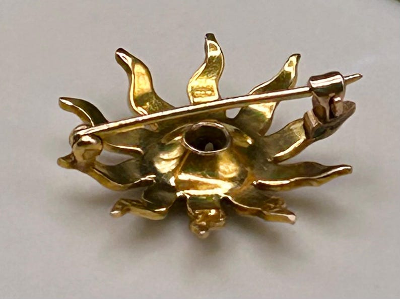May include: A gold-toned sunburst brooch with a pin closure. The brooch features a detailed design with radiating rays and a central setting. The back of the brooch shows the pin mechanism and a small, dark-colored stone.