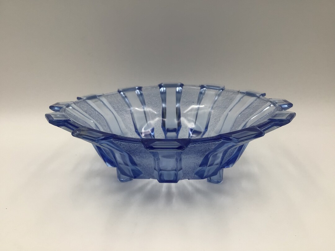 Large Art Deco Blue Glass Bowl Gift Ideas Birthday Gift Etsy