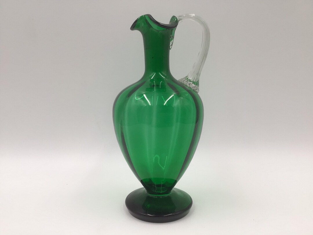 Mid Century Dark Green Glass Carafe or Ewer With Ribbed Clear Etsy