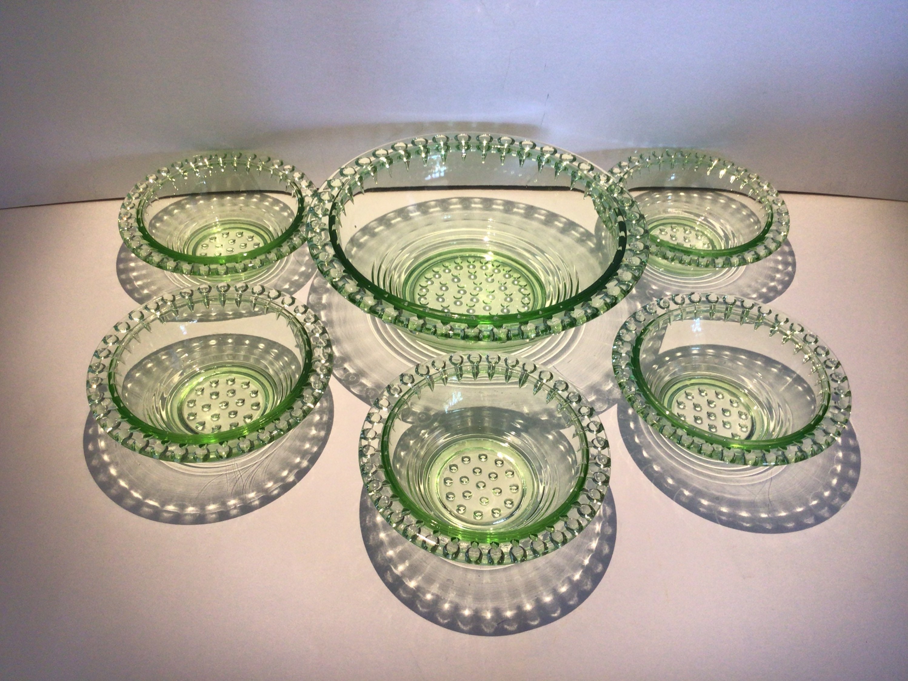 Green pressed glass Art Deco dessert set for five with serving Etsy