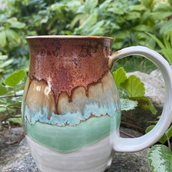 16 Oz Extra large Mug, Coffee Mug,  Handmade, Ceramic, Pottery Mug,  Tea Mug, Coffee Mug, Free Shipping, Unique Gift, Copper, White , Green